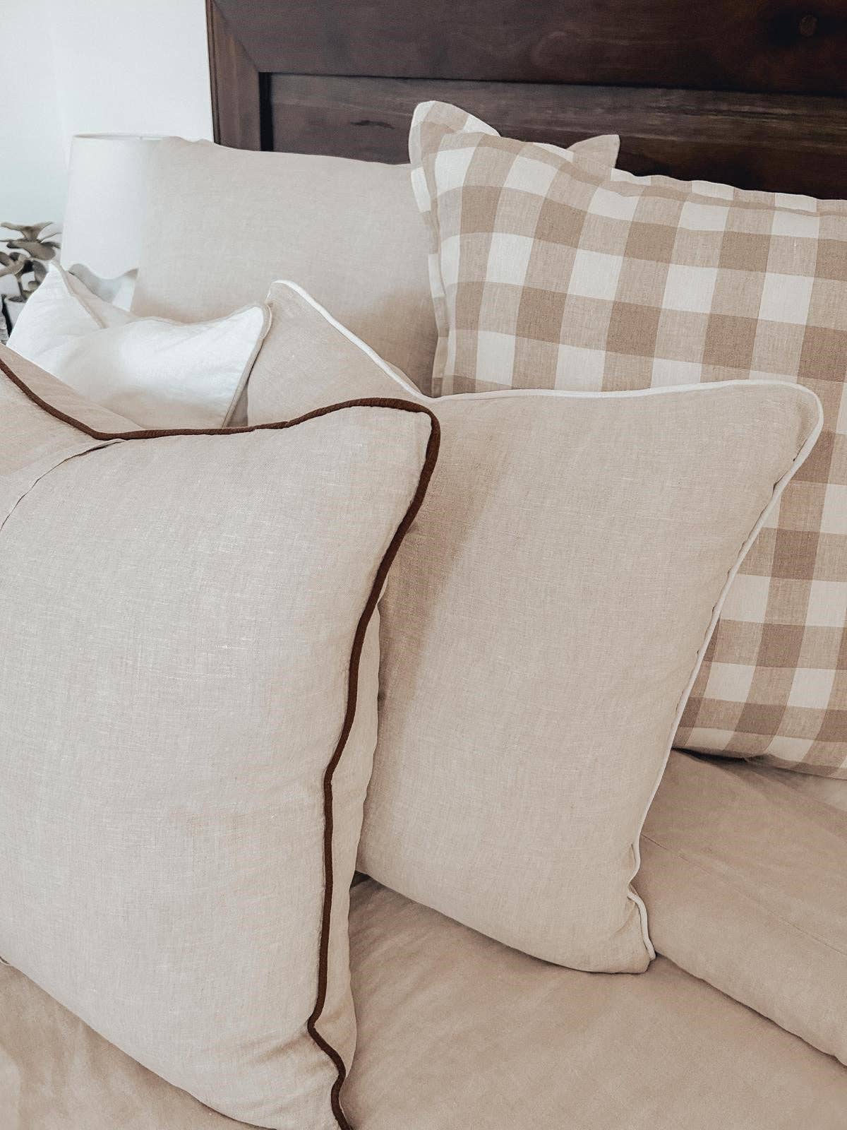 Linen Cushion Cover with Piped Edge - Natural with White Pip