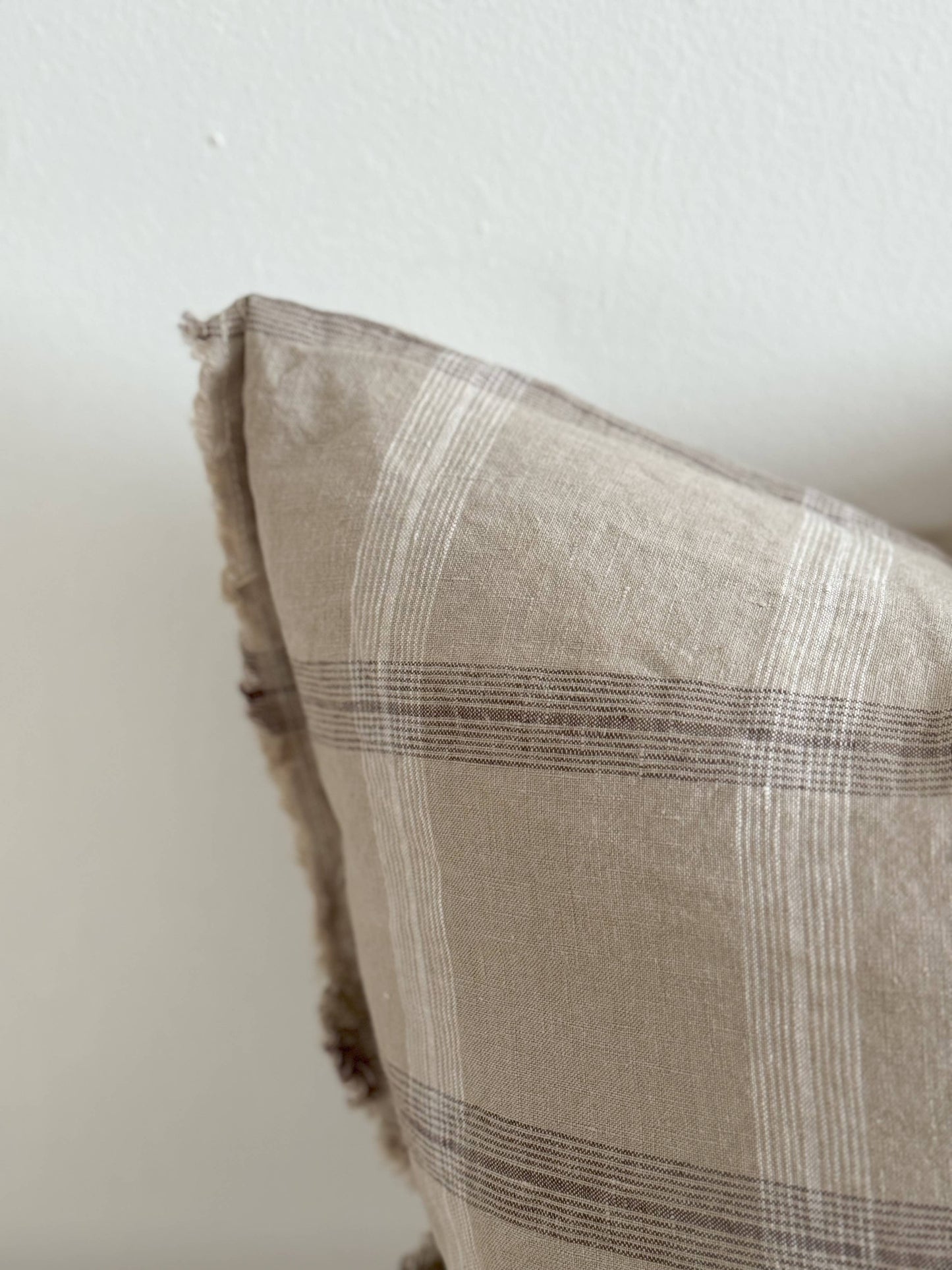Esmee Fringed Linen Cushion Cover 45x45 – Beige Check