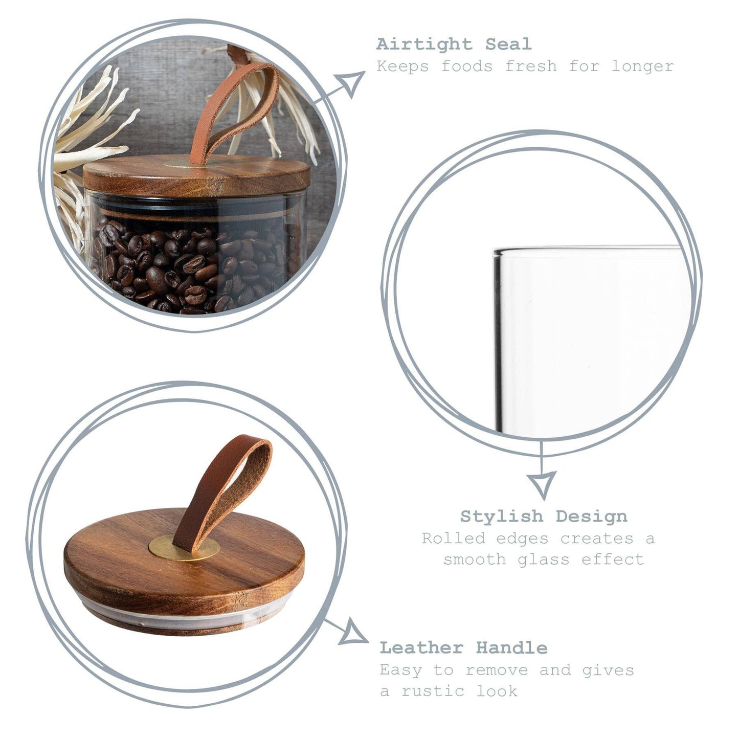 Argon Tableware Glass Storage Jar with Wooden Lid - Leather Loop - 750ml