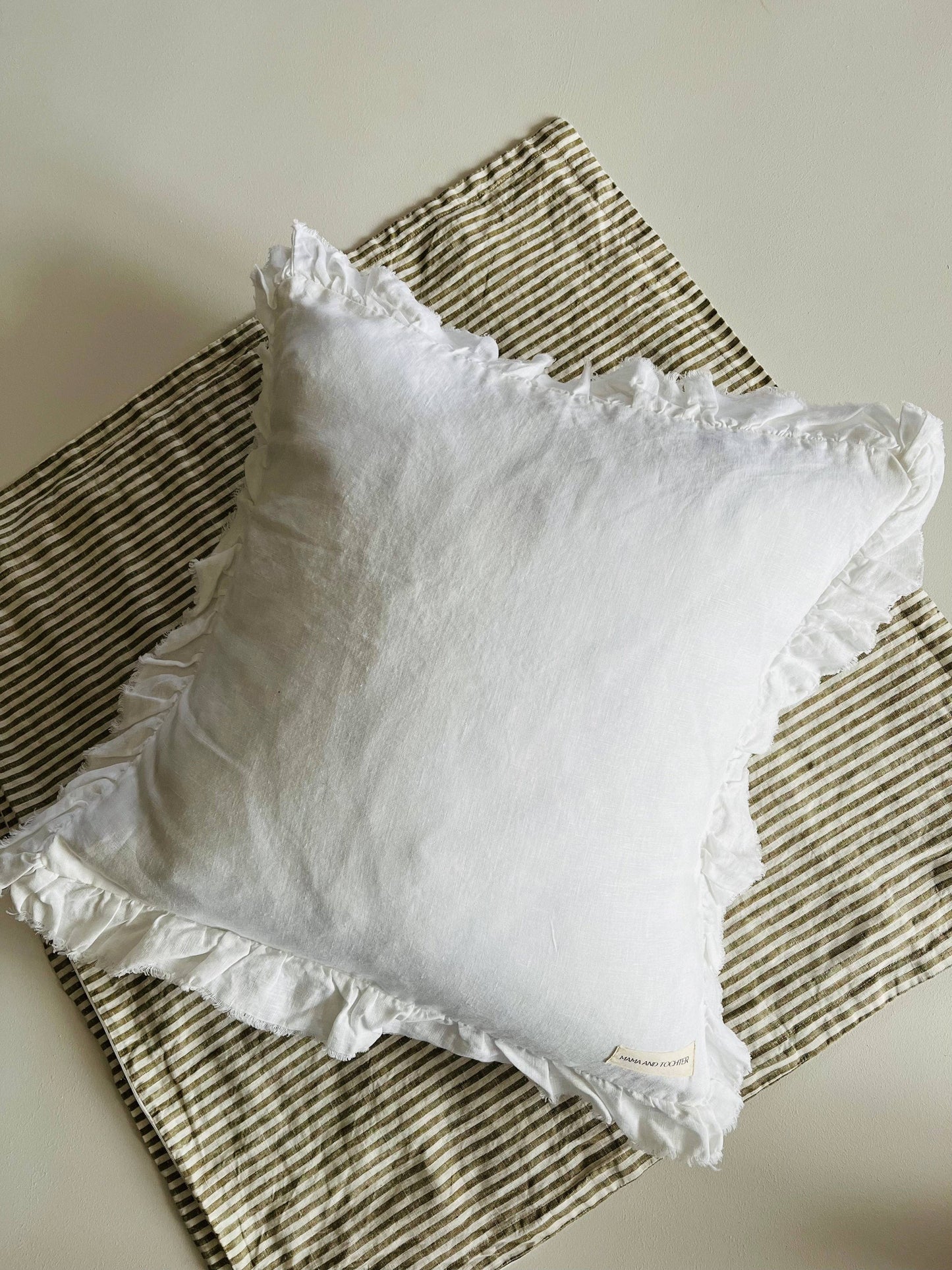 Pure French Linen Frayed Edge Ruffle Cushion Cover - White