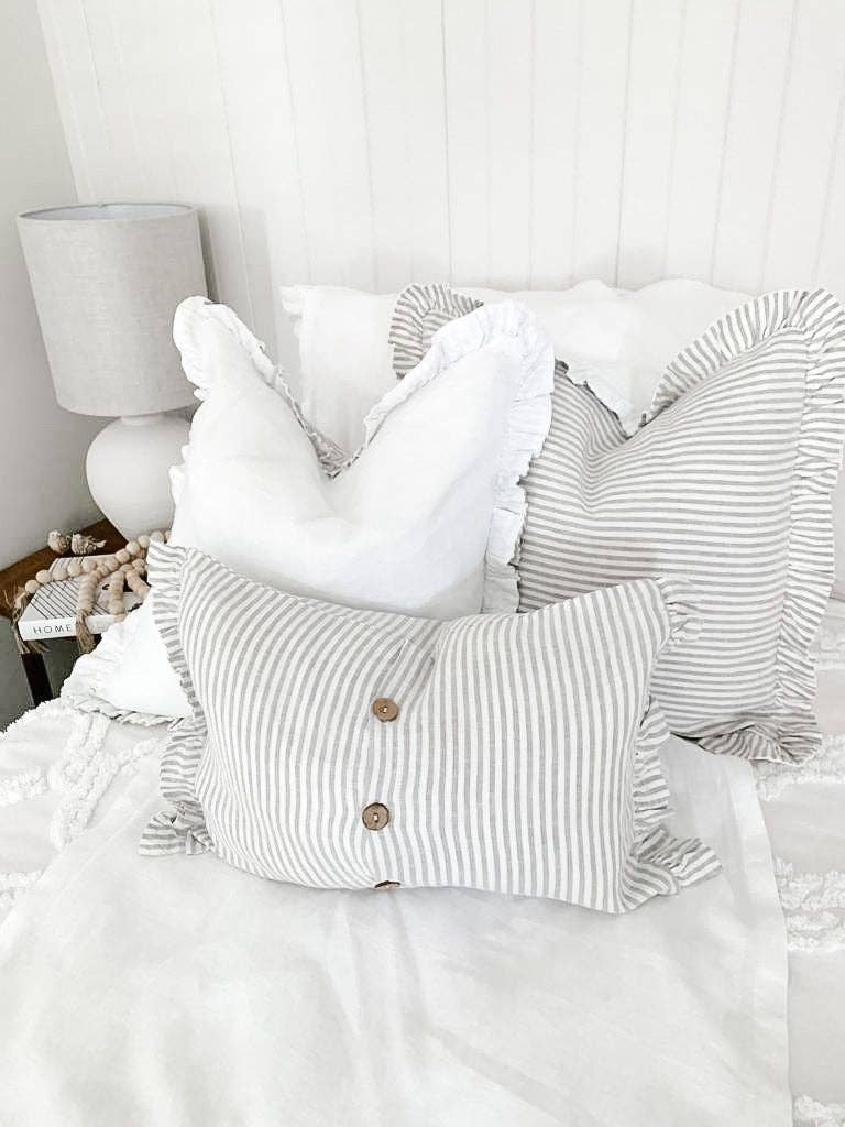 Reversible Linen Ruffle Cushion Cover - Grey Stripe - White