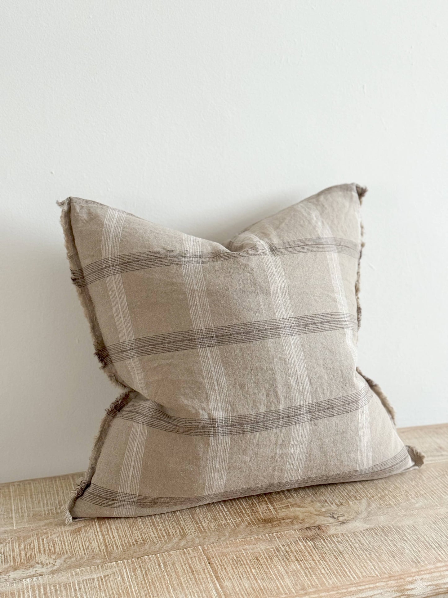 Esmee Fringed Linen Cushion Cover 45x45 – Beige Check
