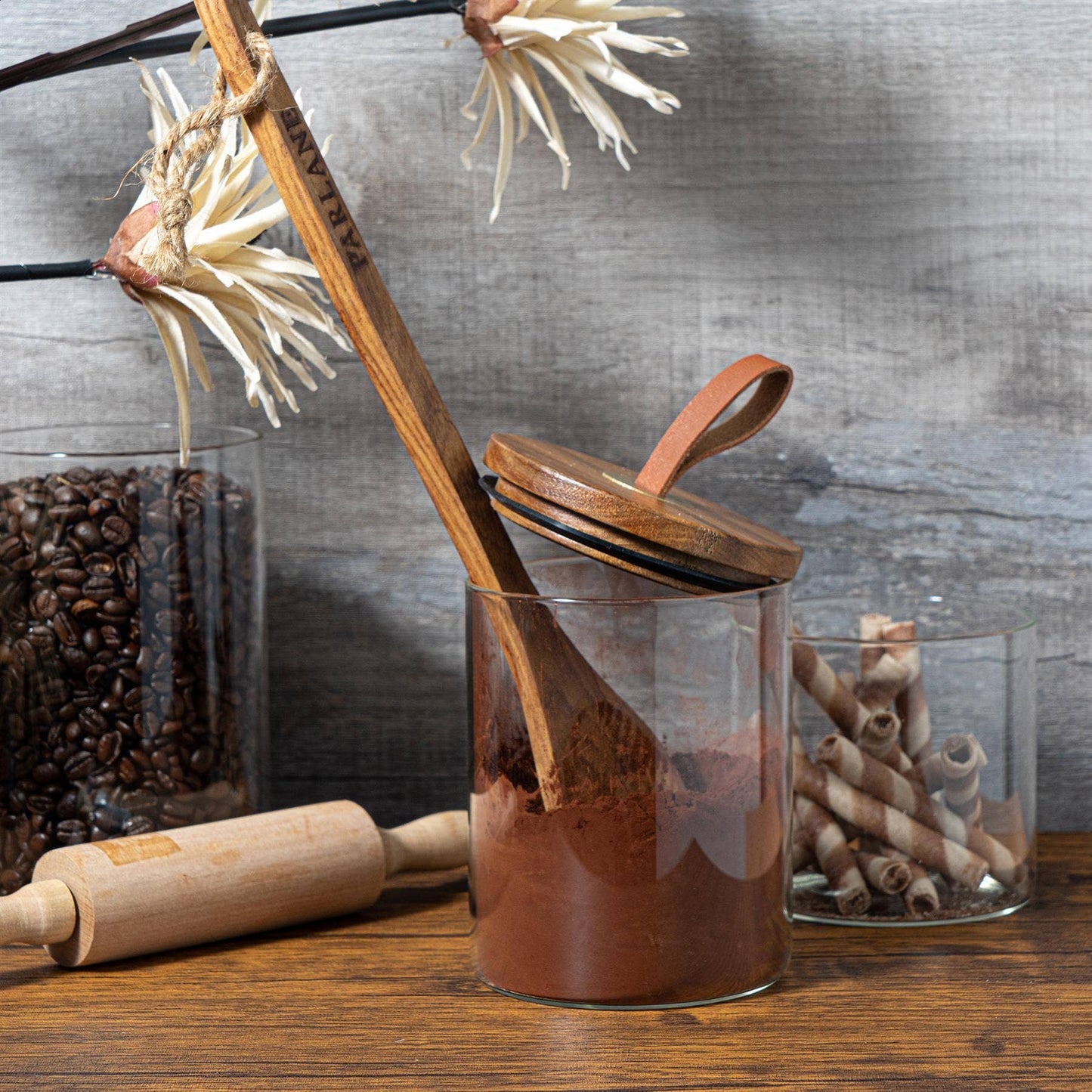 Argon Tableware Glass Storage Jar with Wooden Lid - Leather Loop - 750ml