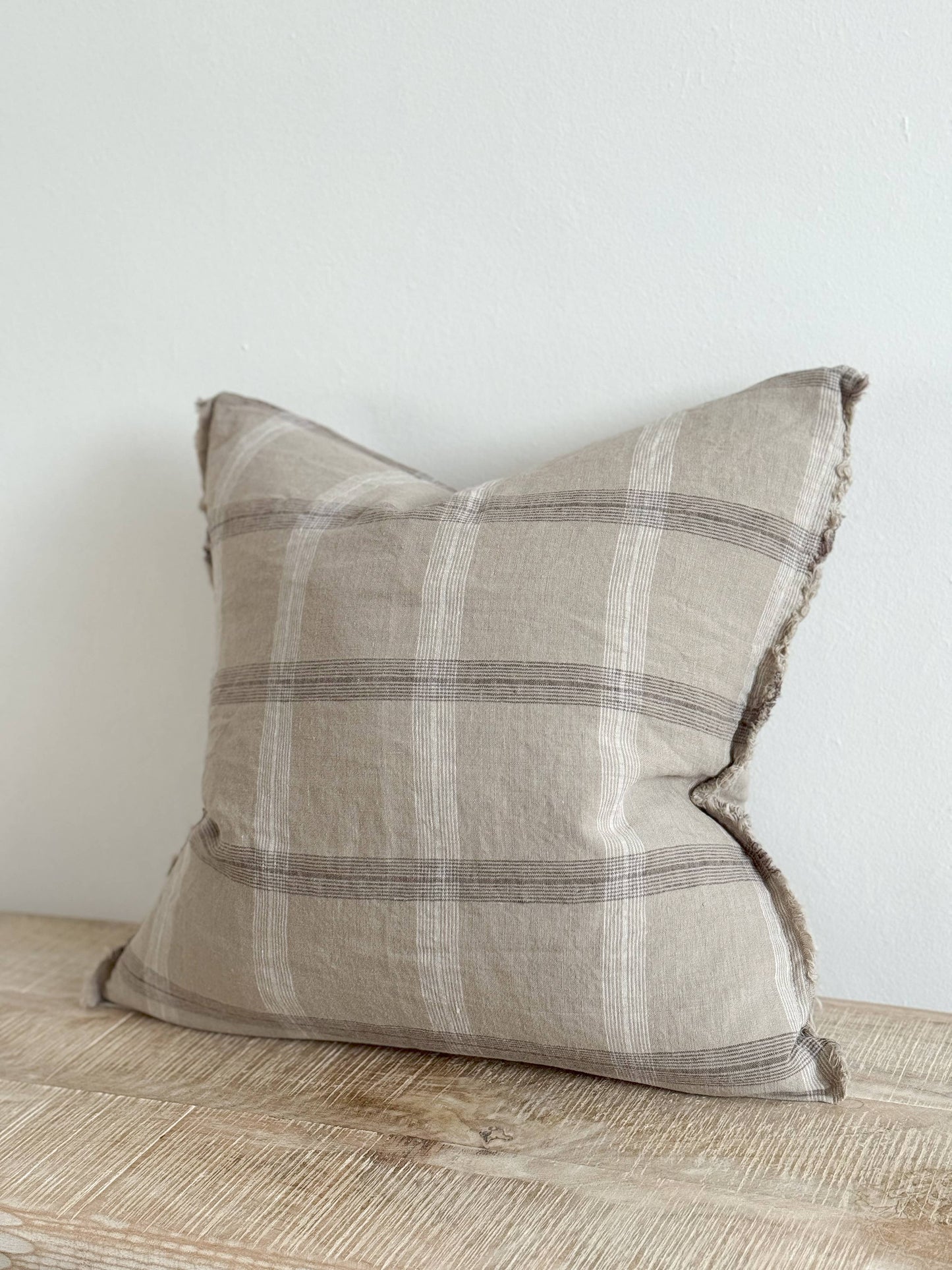 Esmee Fringed Linen Cushion Cover 45x45 – Beige Check