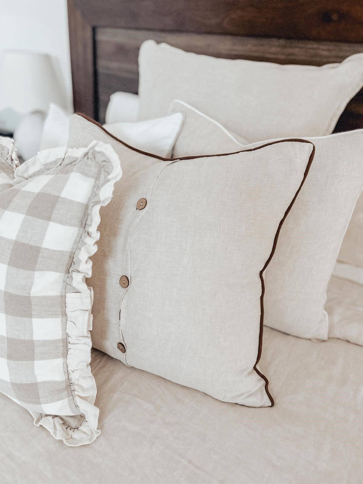 Linen Cushion Cover with Piped Edge - Natural with White Pip