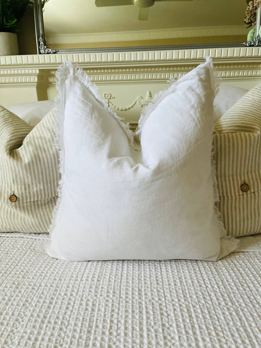 Hand Frayed Pure Linen Cushion Cover - White