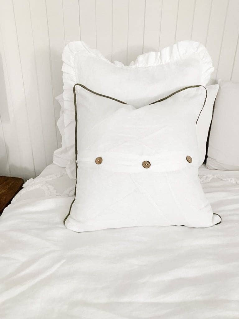 Linen Cushion Cover with Piped Edge - White with Olive Green