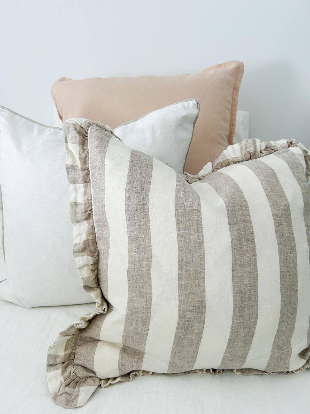 Reversible Linen Ruffle Cushion Cover - Natural Wide Stripe - Natural