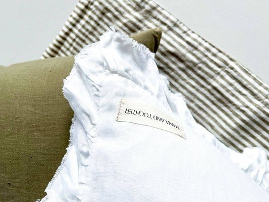 Pure French Linen Frayed Edge Ruffle Cushion Cover - White