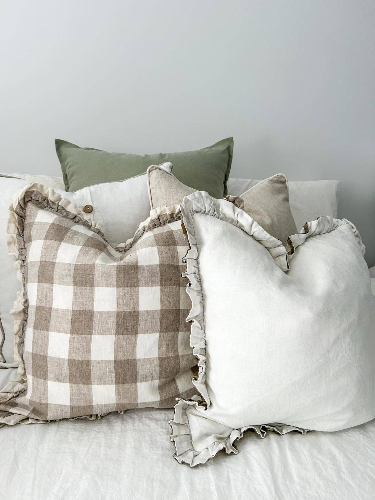 Reversible Linen Ruffle Cushion Cover - Olive Gingham - Warm White