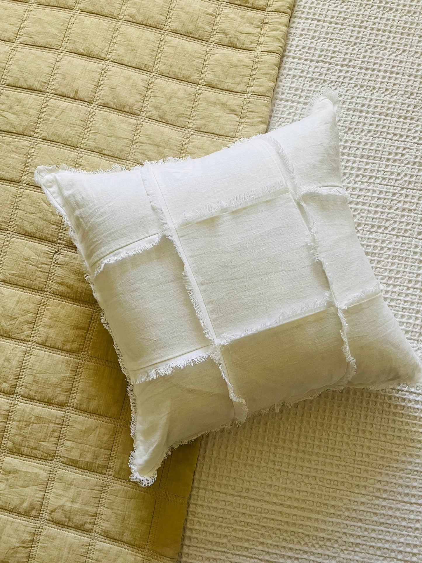 Hand Frayed Feature Design Pure Linen Cushion - White