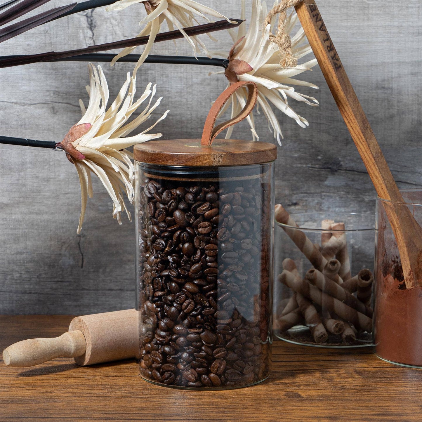 Glass Storage Jar with Wooden Lid - Leather Loop - 1 Litre