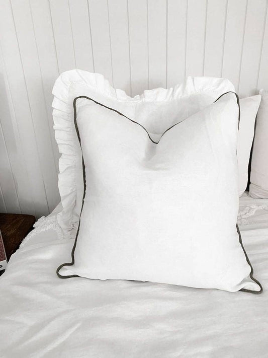 Linen Cushion Cover with Piped Edge - White with Olive Green
