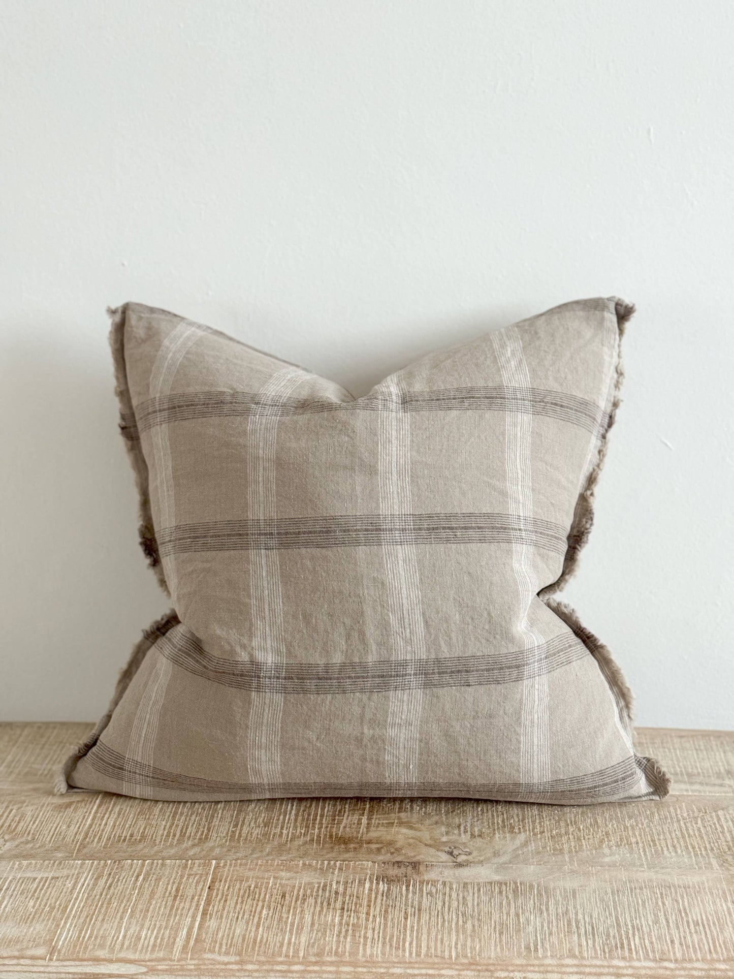 Esmee Fringed Linen Cushion Cover 45x45 – Beige Check