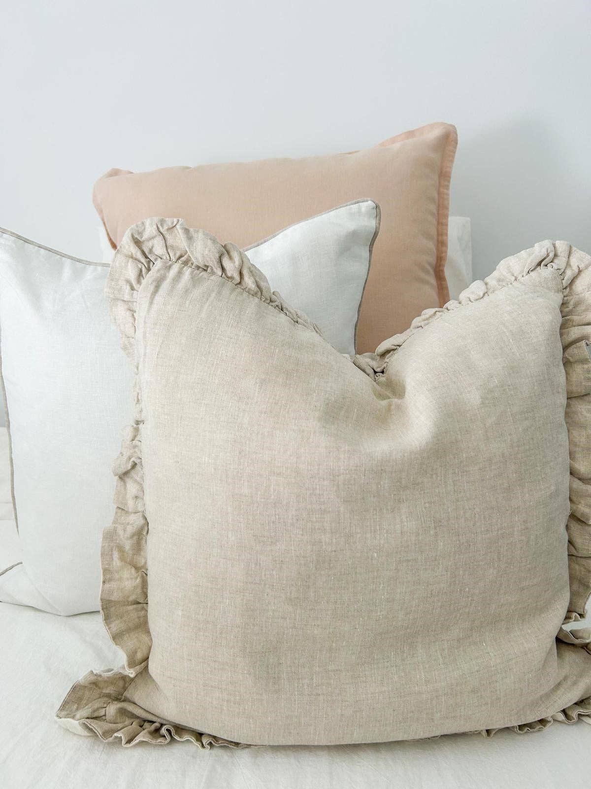 Linen Cushion Cover with Piped Edge - White with Natural Piping