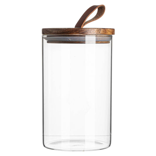 Glass Storage Jar with Wooden Lid - Leather Loop - 1 Litre