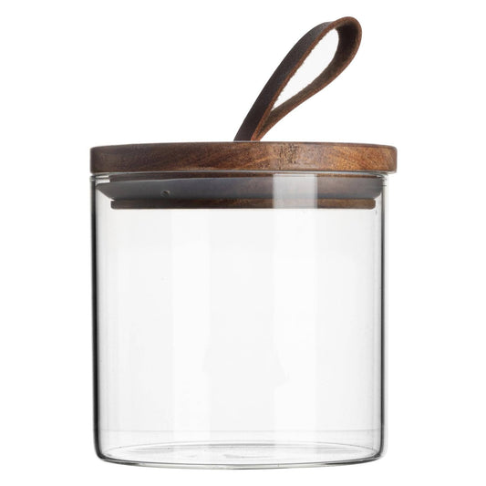 Glass Storage Jar with Wooden Lid - Leather Loop - 550ml