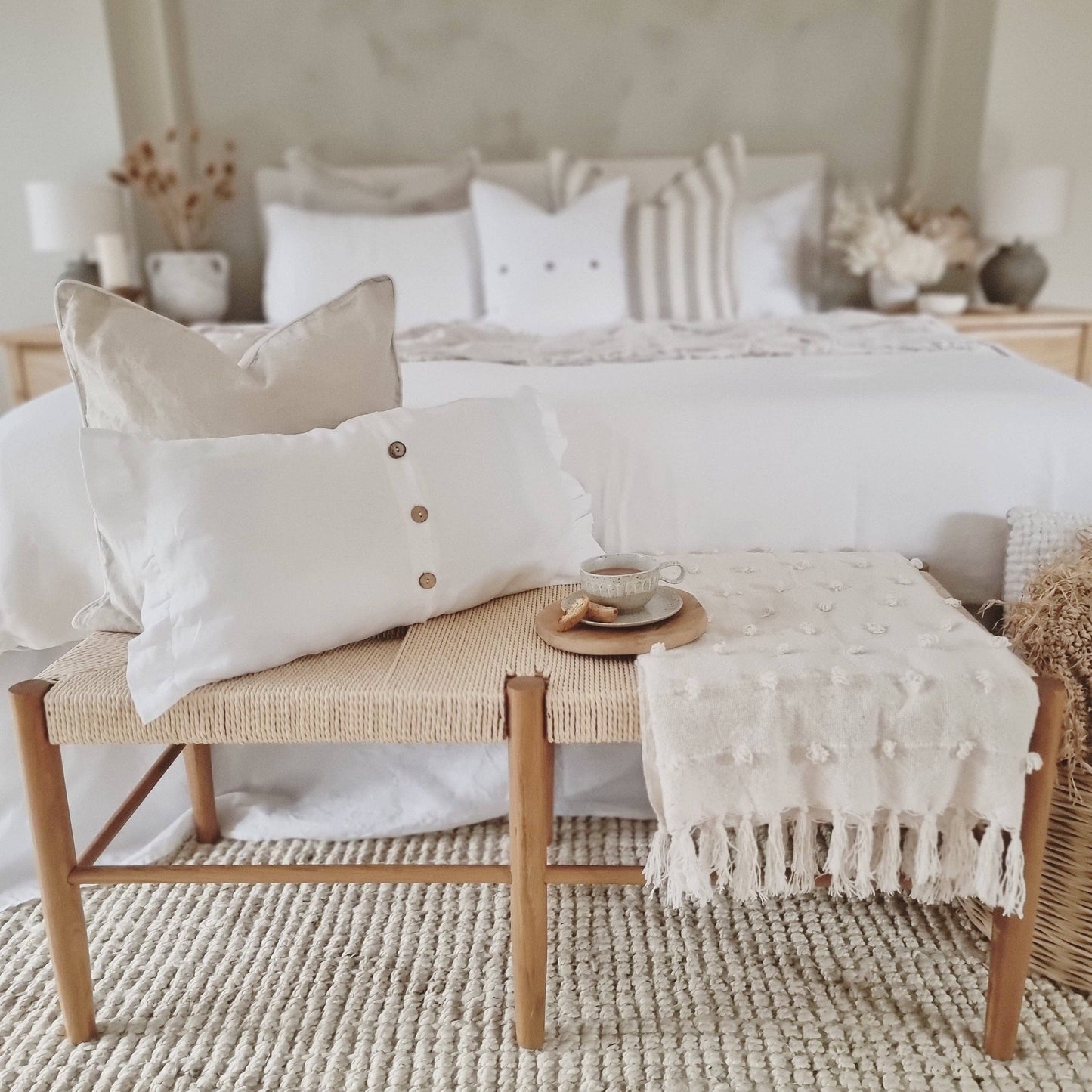 Linen Cushion Cover with Piped Edge - Natural with White Pip
