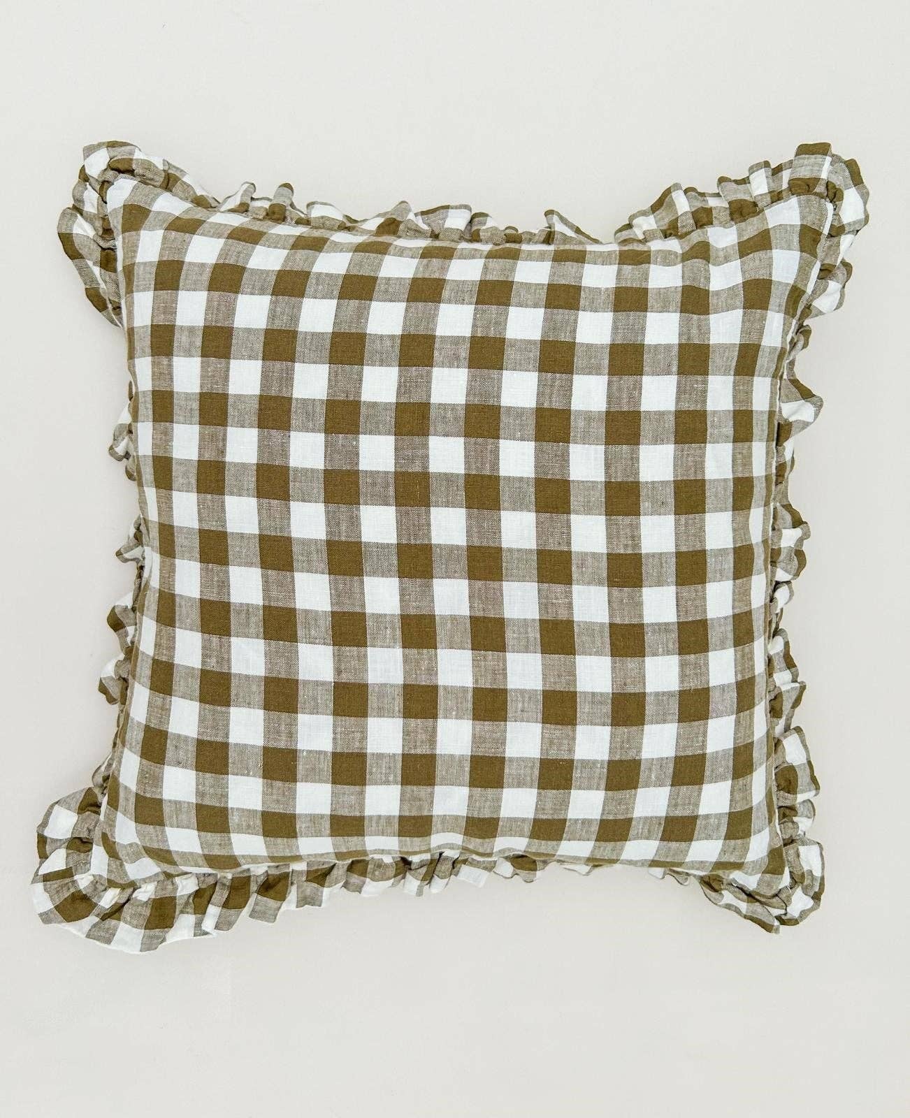 Reversible Linen Ruffle Cushion Cover - Olive Gingham - Warm White