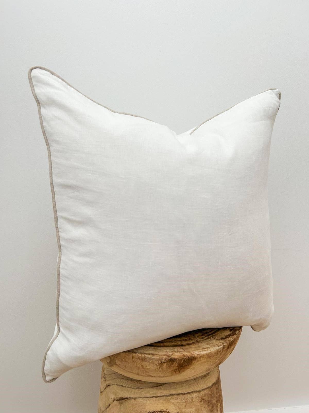 Linen Cushion Cover with Piped Edge - White with Natural Piping