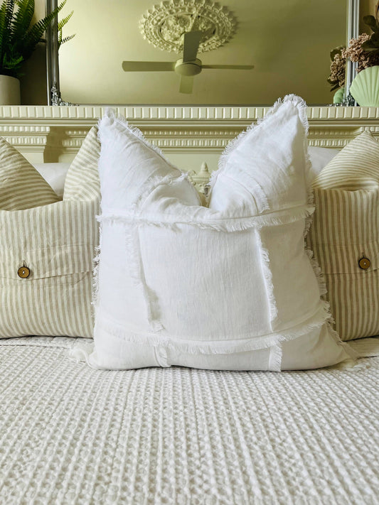 Hand Frayed Feature Design Pure Linen Cushion - White