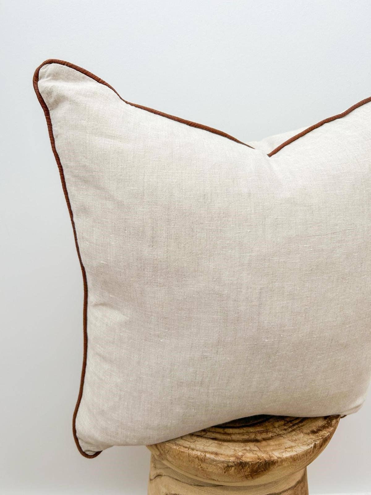 Linen Cushion Cover with Piped Edge - Natural with Coffee Piping