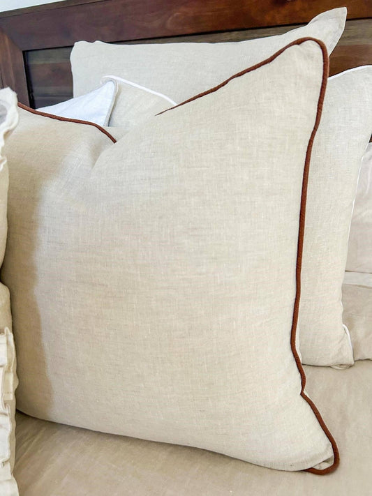 Linen Cushion Cover with Piped Edge - Natural with Coffee Piping